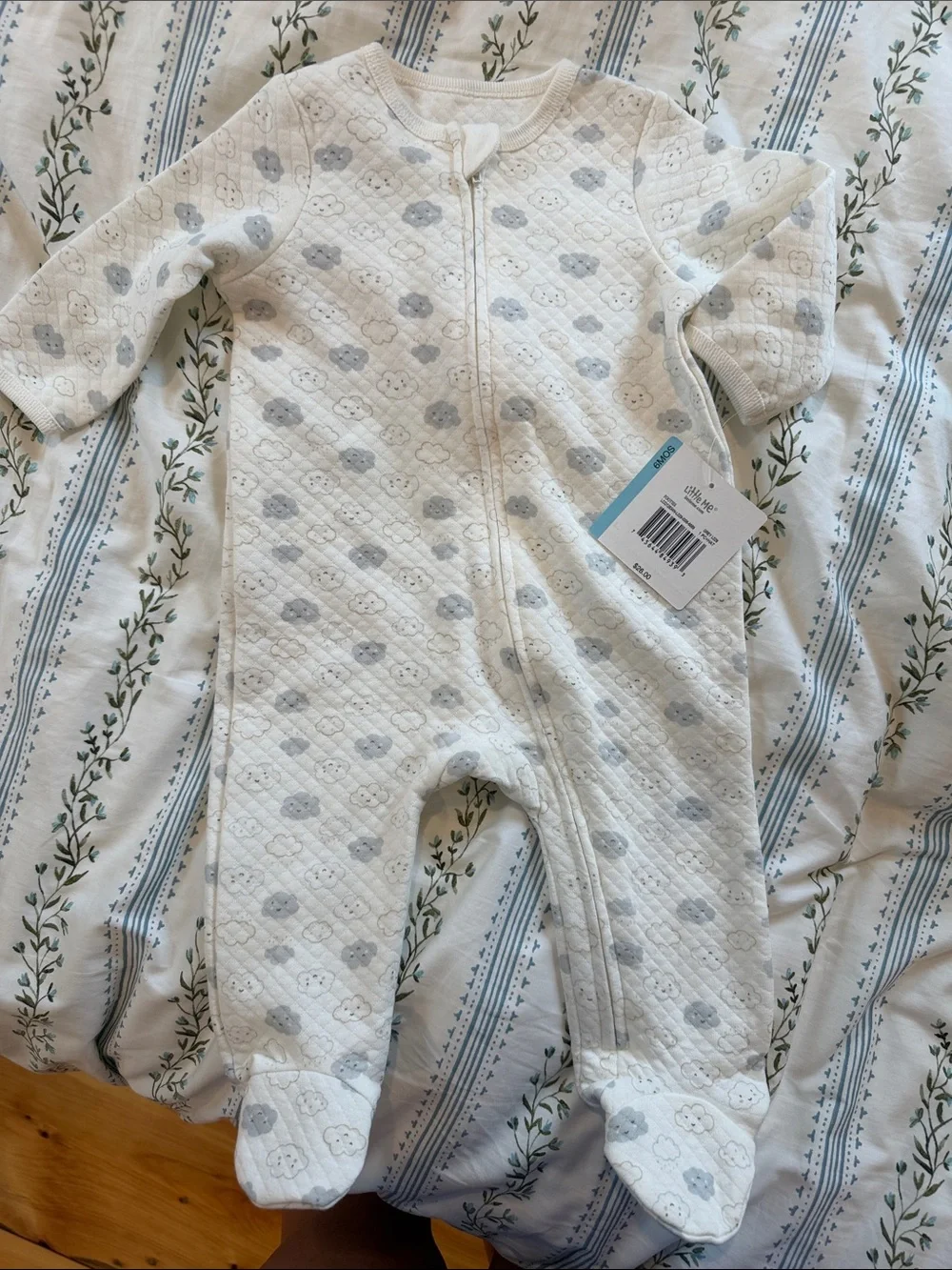 Little Me Cream Quilted Baby Footed One-Piece with Gray Cloud Print